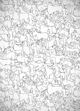 Çizgi filmlerdeki sevimli köpeklerin olduğu tebrik kartı. Farklı türler. Desen duvar kağıdı, desen dolguları, tebrik kartları, web sayfası arkaplanı, ambalaj kağıdı, tekstil veya kumaş için iyidir. Vektör illüstrasyonu.