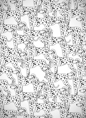 Şirin köpekli harika tebrik kartı. Dalmaçyalı çifti. Duvar kağıdı, şablon dolguları, tebrik kartları, web sayfası geçmişleri, ambalaj kağıdı ve tekstil veya kumaş için kullanılabilir. Vektör illüstrasyonu.