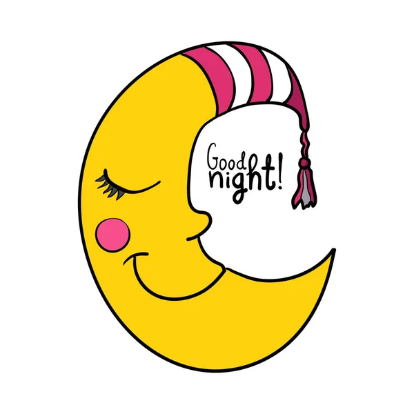 Luna Dormiente Cartone Animato Strisce Nightcap Isolato Sfondo Bianco Buonanotte — Vettoriale Stock