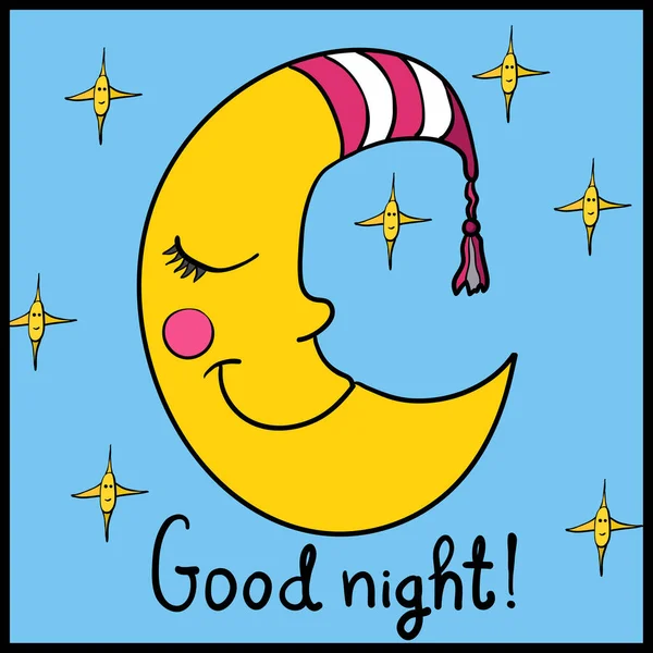 Cartoon Sleeping Moon Striped Nightcap Little Stars Blue Background Good — 스톡 벡터