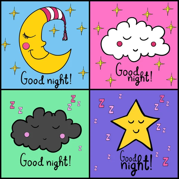 Conjunto Imágenes Sobre Dormir Buenas Noches Luna Sonriente Dormida Gorra — Vector de stock