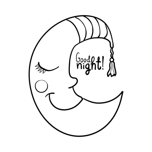Cartoon Sleeping Moon Striped Nightcap Isolated White Background Coloring Good — 스톡 벡터