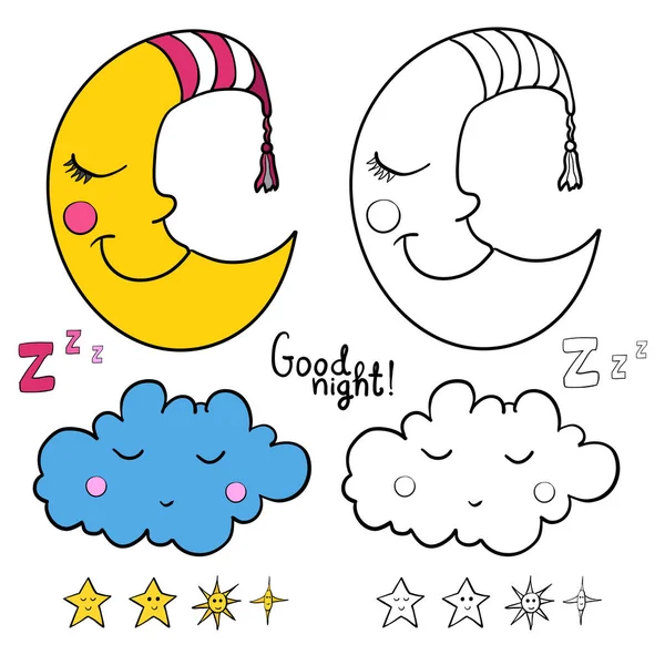 Ensemble Images Sur Sommeil Pour Coloration Bonne Nuit Lune Endormie — Image vectorielle