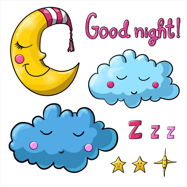 着色のための睡眠についての画像のセット おやすみ 月面の縞模様のキャップ 睡眠雲 顔を持つ星の様々な — ストックベクタ