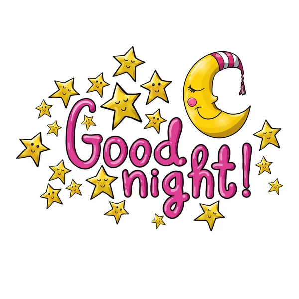 Boa Noite Lua Adormecida Boné Listrado Estrelas Adormecidas Letras Desenhos — Vetor de Stock