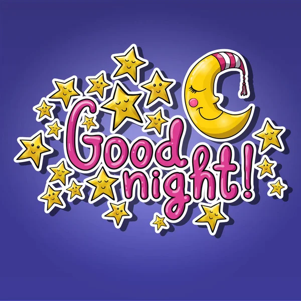 Gute Nacht Schlafender Mond Gestreifter Mütze Schlafende Sterne Zeichentrickbuchstaben Kann — Stockvektor