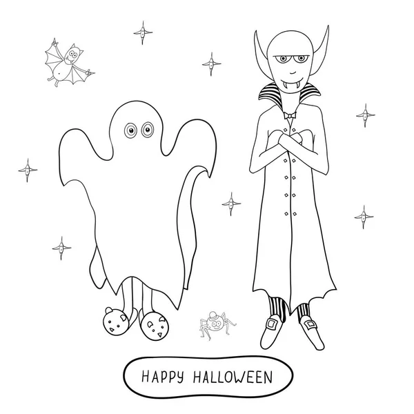 Personagens Halloween Dos Desenhos Animados Fantasma Vampiro Aranha Morcego Isolado —  Vetores de Stock