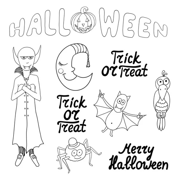 Set Cartoon Halloween Characters Words Isolated White Background Merry Halloween — Stock Vector