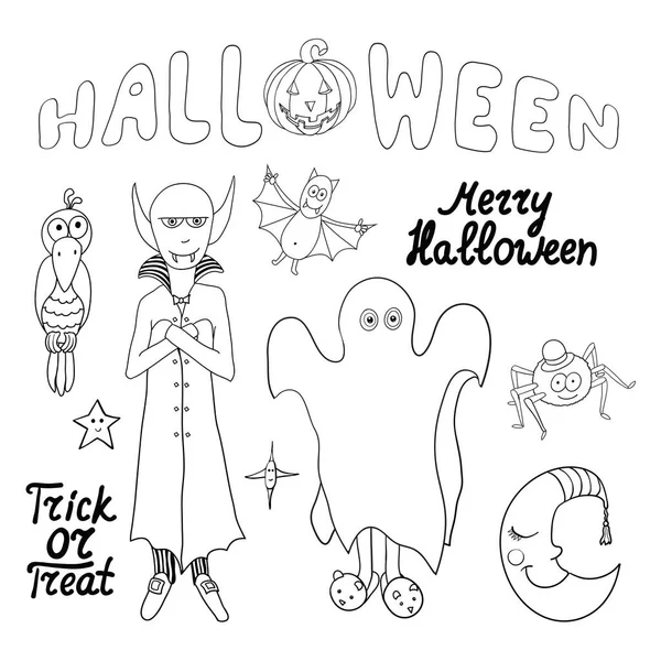 Set Cartoon Halloween Characters Words Isolated White Background Merry Halloween — Stock Vector