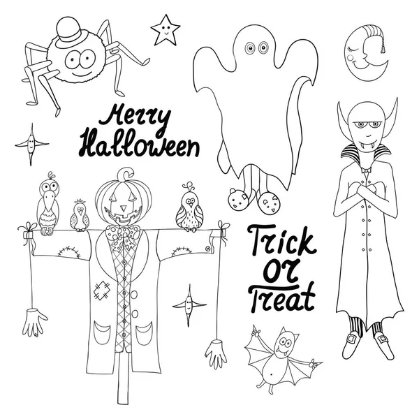 Conjunto Personagens Halloween Desenhos Animados Palavras Isoladas Fundo Branco Feliz —  Vetores de Stock