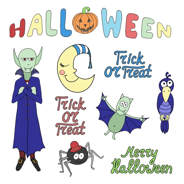 Set Cartoon Halloween Characters Words Isolated White Background Merry Halloween — Stock Vector