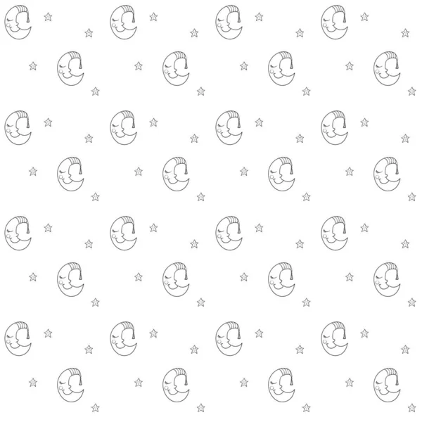 Бесшовный Рисунок Мультяшной Спящей Луной Полосатой Шапочке Маленькими Звездами Доброй — стоковый вектор