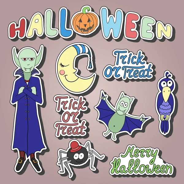 Set Cartoon Halloween Characters Words Shadows Merry Halloween Trick Treat — Stock Vector