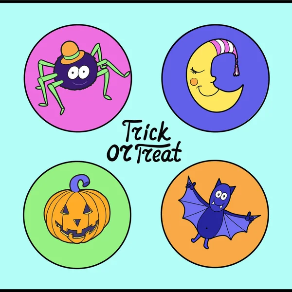 Set Halloween Characters Spider Hat Smiling Moon Pumpkin Bat Trick — Stock Vector