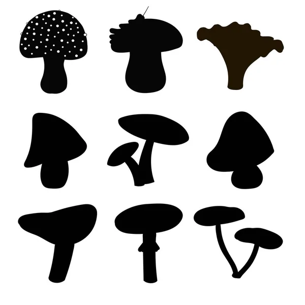 Conjunto Silhuetas Cogumelos Bonitos Desenhos Animados Isolados Fundo Branco — Vetor de Stock