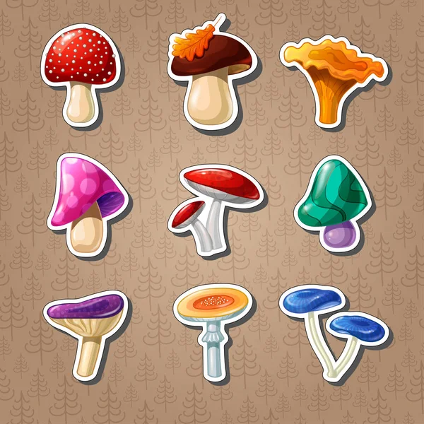 Conjunto Belos Adesivos Com Cogumelos Coloridos Desenhos Animados Isolados Fundo — Vetor de Stock