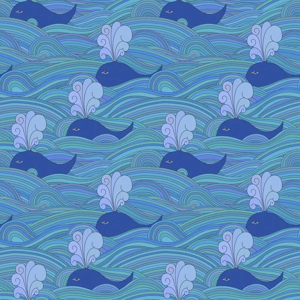 Mignon Motif Inhabituel Sans Couture Avec Des Baleines Dans Mer — Image vectorielle