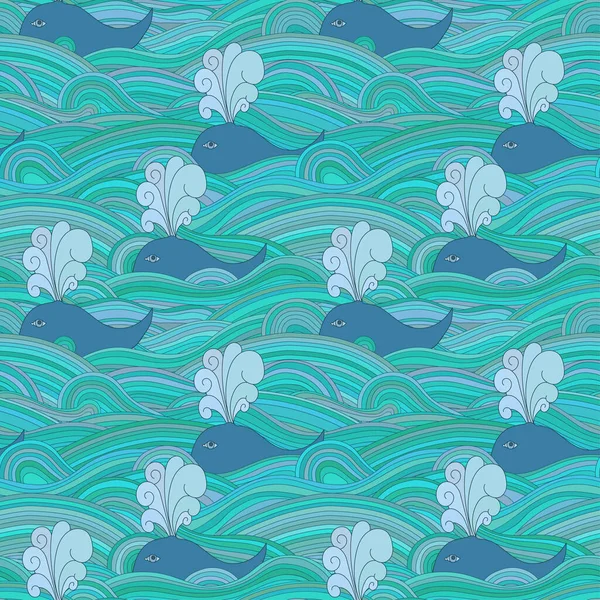 Mignon Motif Inhabituel Sans Couture Avec Des Baleines Dans Mer — Image vectorielle