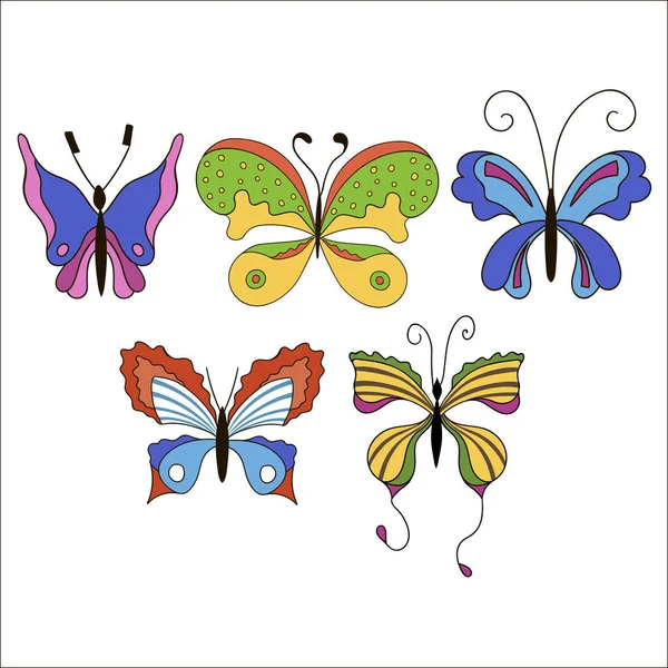Set Cute Cartoon Colored Butterflies Isolated White Background Vector Illustration — 스톡 벡터