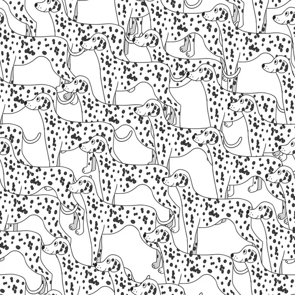 Şirin bir köpekle mükemmel kusursuz bir desen. Dalmaçyalı çifti. Duvar kağıdı, şablon dolguları, tebrik kartları, web sayfası geçmişleri, ambalaj kağıdı ve tekstil veya kumaş için kullanılabilir. Vektör illüstrasyonu.