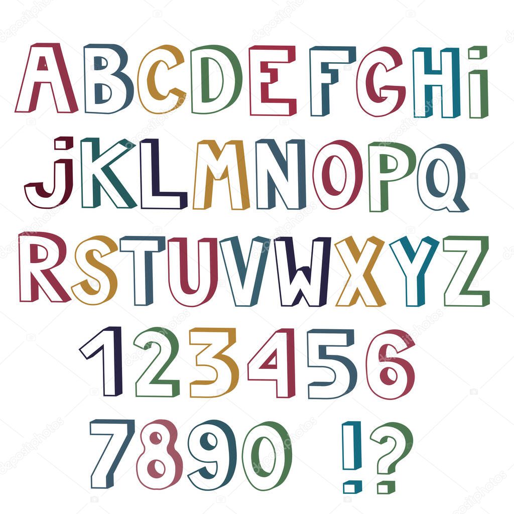 Set of cute colored letters and numbers with 3d effect isolated on white background. Vector illustration.