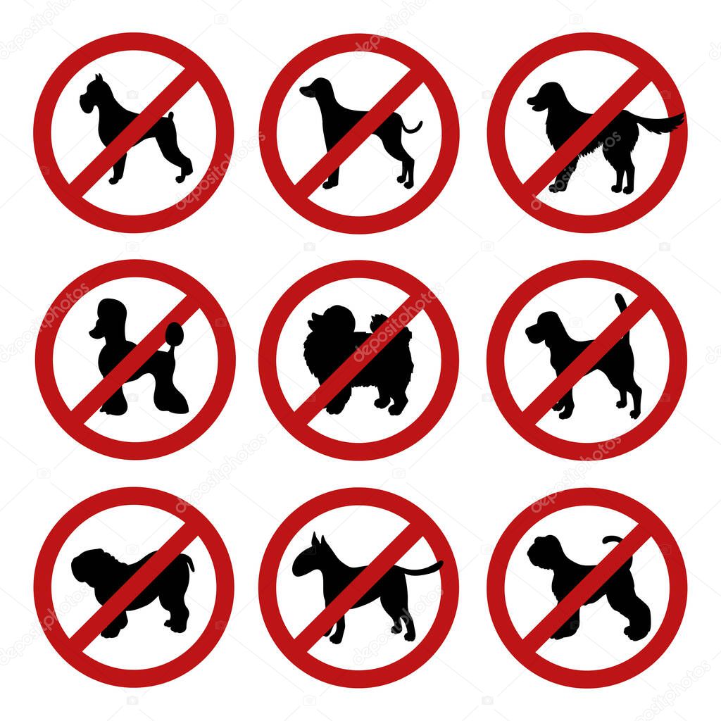 Set of dog prohibition signs. Different breeds. Black silhouettes. Isolated on white. Vector illustration. 