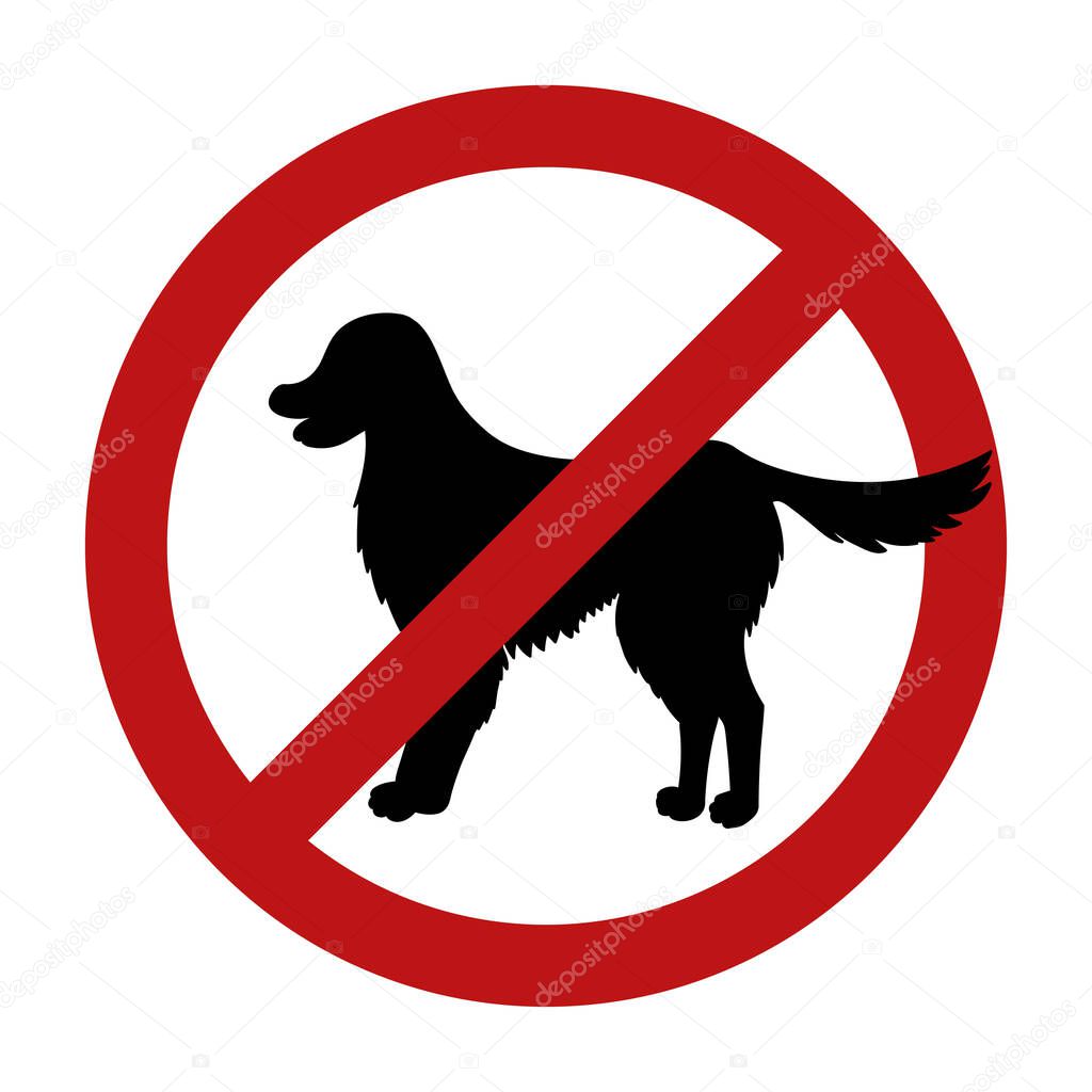 Sign of dog prohibition isolated on white background. Black silhouette. Breed labrador retriever. Vector illustration.  