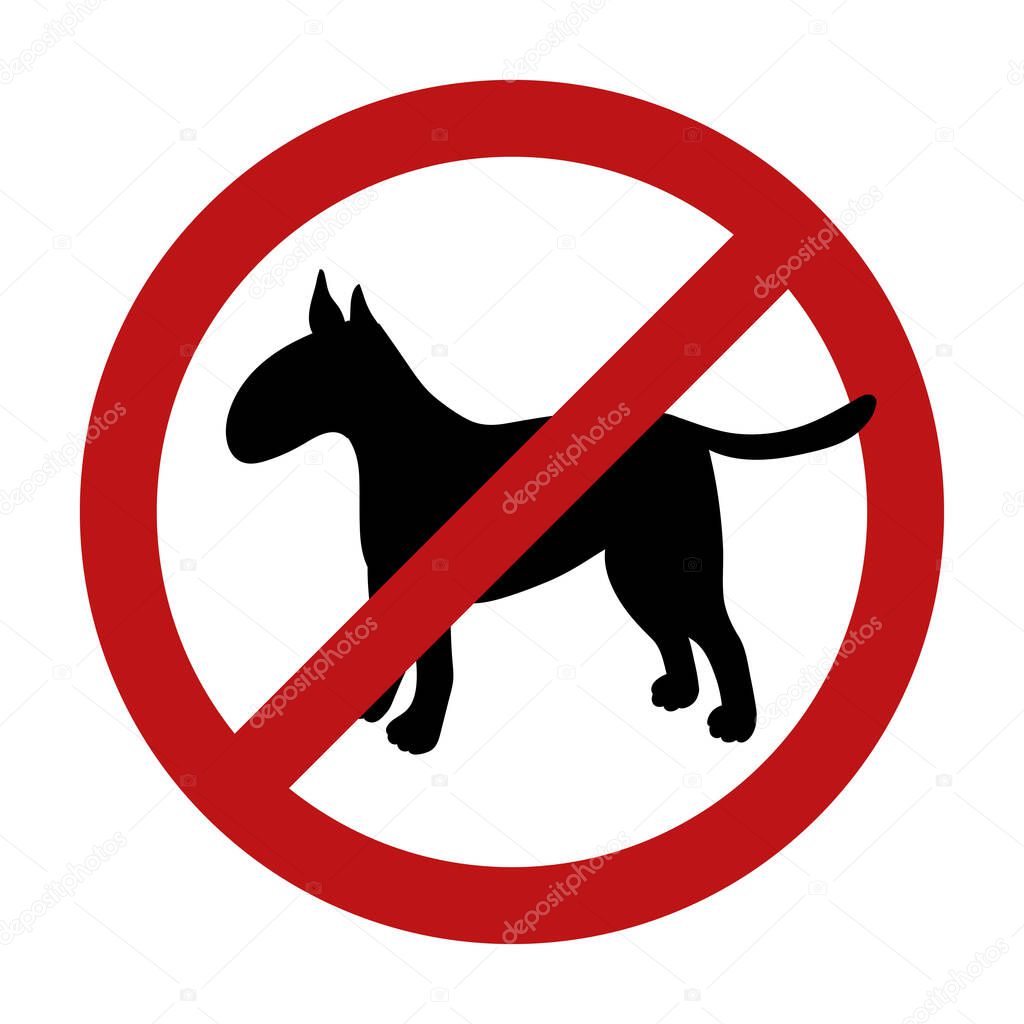 Sign of dog prohibition isolated on white background. Black silhouette. Breed bullterrier. Vector illustration.  
