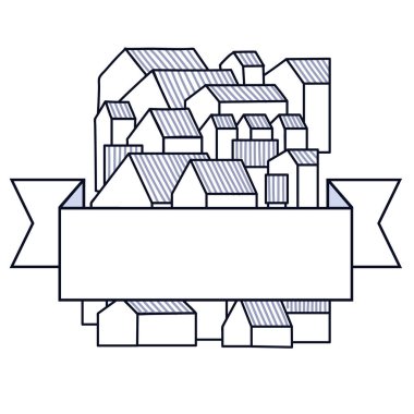 Kasabanın alışılmadık bir geçmişi var. Grable konutları. Metnin için boş yeri olan kurdele. Vektör illüstrasyonu.