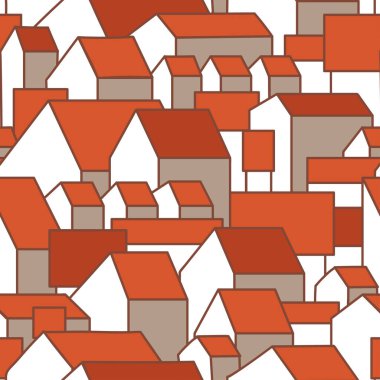 Mükemmel evleri ve kırmızı çatıları olan kusursuz bir desen. Vektör çizimi. Yüzey tasarımı için iyi, tekstil, kumaş, ambalaj kağıdı, dekupaj, yapıştırma kitabı. 