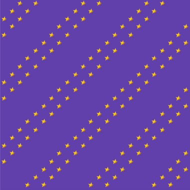 Kusursuz, basit, soyut desenli, menekşe arkaplanda köşegen altın sarısı yıldızlar var. Yüzey tasarımı, dolgular, arka planlar, tekstil, kumaş, tebrik kartları, ambalaj kağıtları için iyi. Vektör illüstrasyonu.