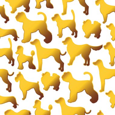 Çizgi filmdeki altın renkli köpek siluetleriyle kusursuz desen. Farklı türler. Vektör çizimi. Tebrik kartları, yüzey tasarımı, ambalaj kağıdı, el yapımı, dekupaj, duvar kağıtları, tekstil için iyidir..  