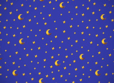 Yatay kart. Altın renkli çizgi film yıldızları ve uyduları olan desen. Yüzey tasarımı, tekstil, kumaş, duvar kağıdı, ambalaj kağıdı, dekupaj, hatıra defteri, el yapımı. Vektör.