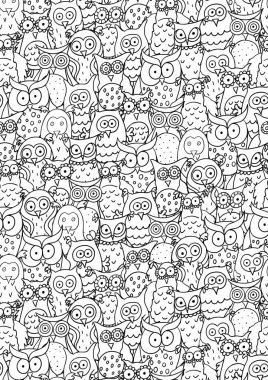 Komik çizgi filmlerle dikey desen farklı baykuşlar. Vektör illüstrasyonu.