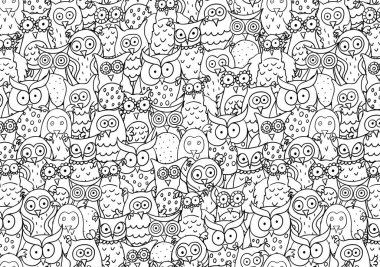 Farklı baykuşlarla yatay olarak çizilmiş komik bir çizgi film. Vektör illüstrasyonu.