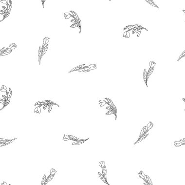 Güzel, küçük karikatür çiçekleri ve beyaz arka planda laleleri olan kusursuz bir desen. Kalıplar için iyi, yüzey tasarımı, tekstil, kumaş, imalat, ambalaj kağıdı, arka planlar, duvar kağıtları ve kapaklar için. Vektör konumu illüstrasyonu. 