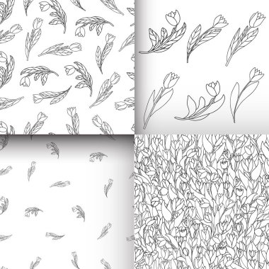 Sevimli karikatür çiçekleri ve beyaz arka planda laleleri olan kusursuz desenler. Kalıplar için iyi, yüzey tasarımı, tekstil, kumaş, imalat, ambalaj kağıdı, arka planlar, duvar kağıtları ve kapaklar için. Vektör konumu illüstrasyonu. 