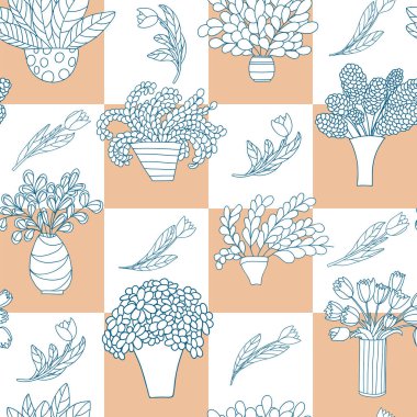 Çizgi film bitkileri, saksılarda çiçekler ve lalelerle kusursuz desen. Dişli turuncu ve beyaz arka plan. Kalıplar için iyi, yüzey tasarımı, tekstil, kumaş, imalat, ambalaj kağıdı, arka planlar, duvar kağıtları ve kapaklar için. Vektör illüstrası
