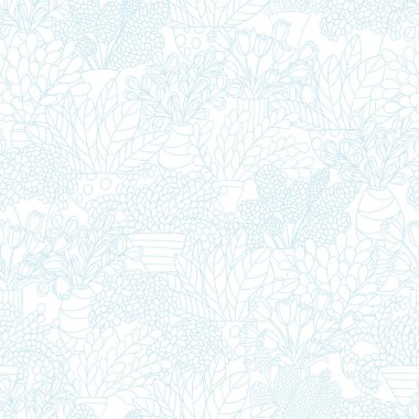 Çizgi film bitkileri ve saksıda çiçekler olan kusursuz bir desen. Beyaz arka plan. Kalıplar için iyi, yüzey tasarımı, tekstil, kumaş, imalat, ambalaj kağıdı, arka planlar, duvar kağıtları ve kapaklar için. Vektör konumu illüstrasyonu. 