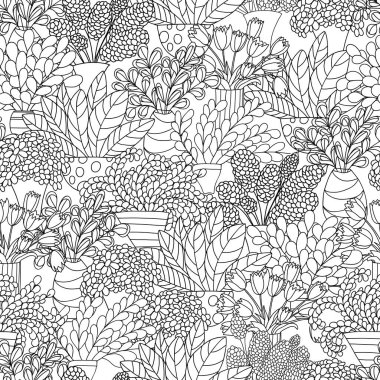 Çizgi film bitkileri ve saksıda çiçekler olan kusursuz bir desen. Beyaz arka plan. Kalıplar için iyi, yüzey tasarımı, tekstil, kumaş, imalat, ambalaj kağıdı, arka planlar, duvar kağıtları ve kapaklar için. Vektör konumu illüstrasyonu. 