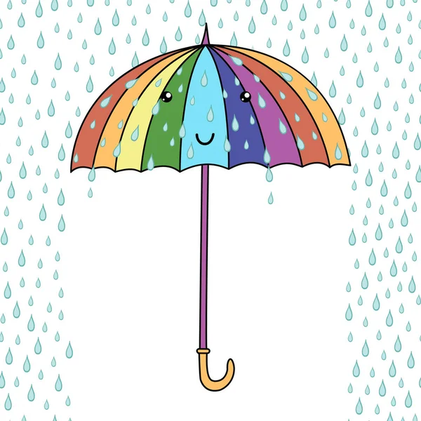 Roztomilý Kreslený Deštník Obličejem Déšť Emé Vektorová Ilustrace — Stockový vektor