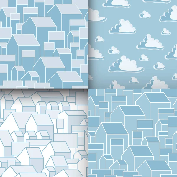 Ensemble Motifs Sans Couture Inhabituels Avec Des Maisons Des Nuages — Image vectorielle