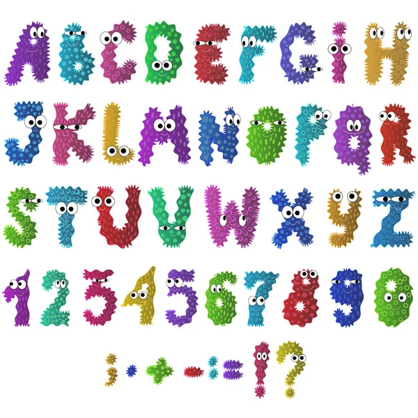 Cartoon Flat Monsters Alphabet Icons Colorful Bacteria Microbes Isolated White — 스톡 벡터