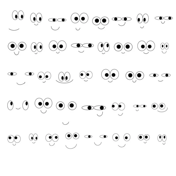 Zestaw Uroczych Emotikonów Uśmiechniętych Kreskówek Oczy Usta Odizolowany Białym Tle — Wektor stockowy