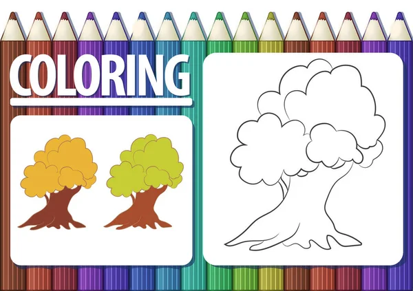 Seite Des Malbuchs Mit Kontur Cartoon Baum Und Farbigen Beispielen — Stockvektor