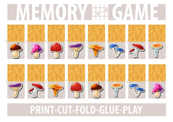 Kartenset Für Memory Spiel Mit Cartoon Pilzen Drucken Schneiden Falten — Stockvektor