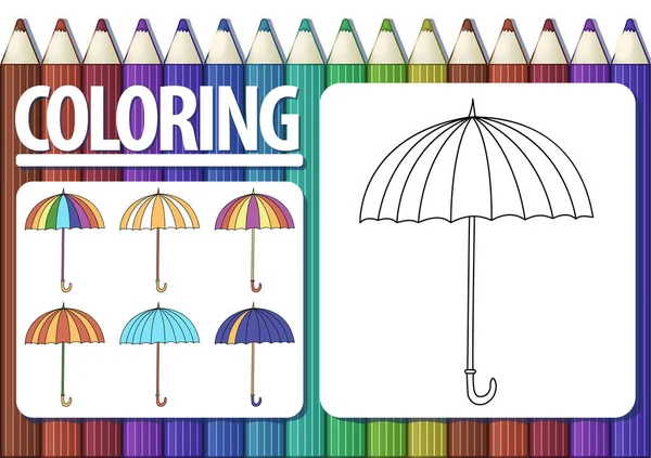 Seite Des Malbuchs Mit Kontur Cartoon Regenschirm Und Farbigen Beispielen — Stockvektor