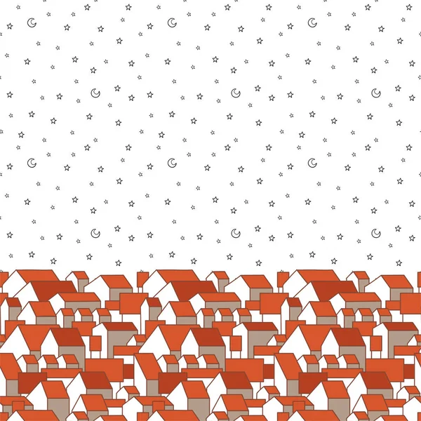 Quadratische Illustration Mit Nachthimmel Und Häusern Mit Rotem Satteldach Kleines — Stockvektor