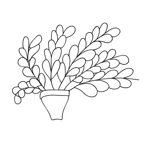 Linda Planta Dibujos Animados Olla Simple Ramas Largas Con Hojas — Vector de stock