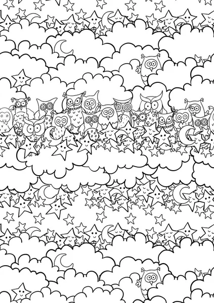 Забавная Вертикальная Карта Мультяшными Совами Сидящими Облаках Маленькими Демилунами Улыбающимися — стоковый вектор
